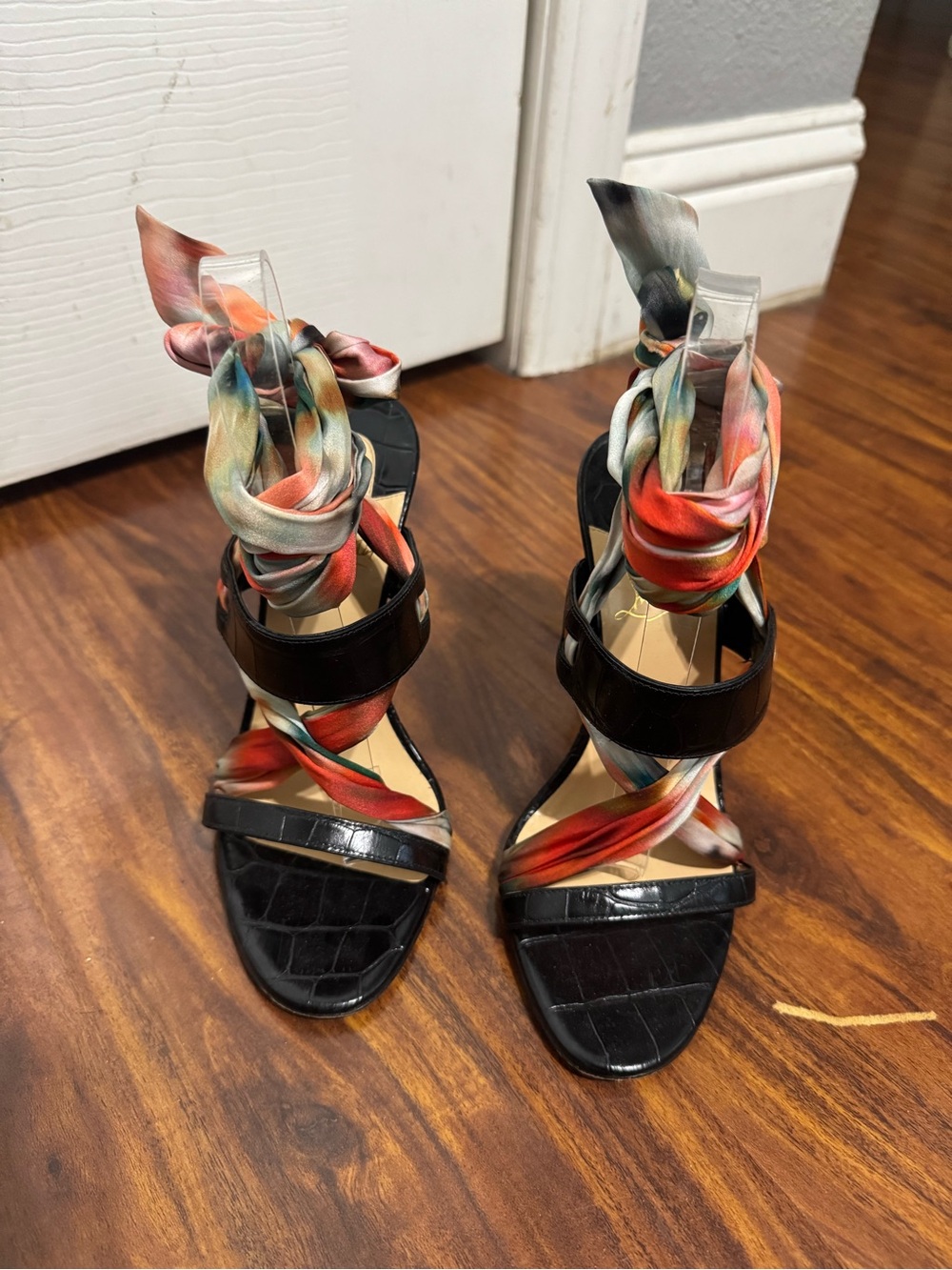 Black Strappy Heeled Sandals with Multicolor Silk Wrap